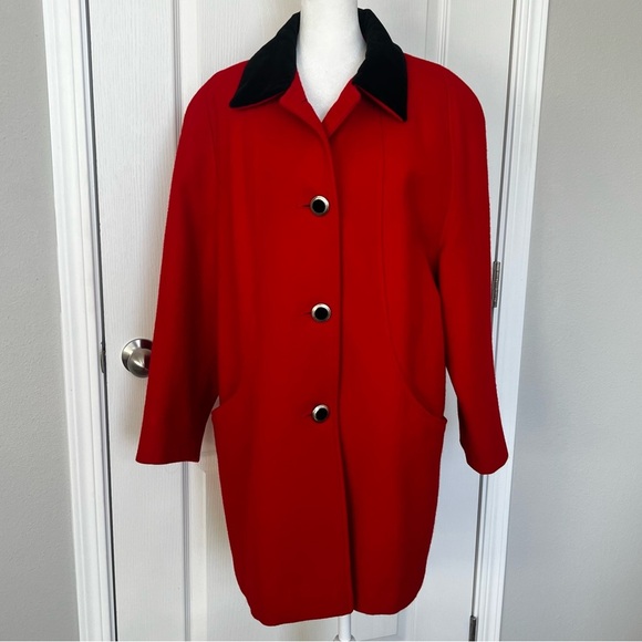 Vintage Russell Scott Women’s 80’s Wool Coat Red Black Single Breasted XL - Picture 1 of 13